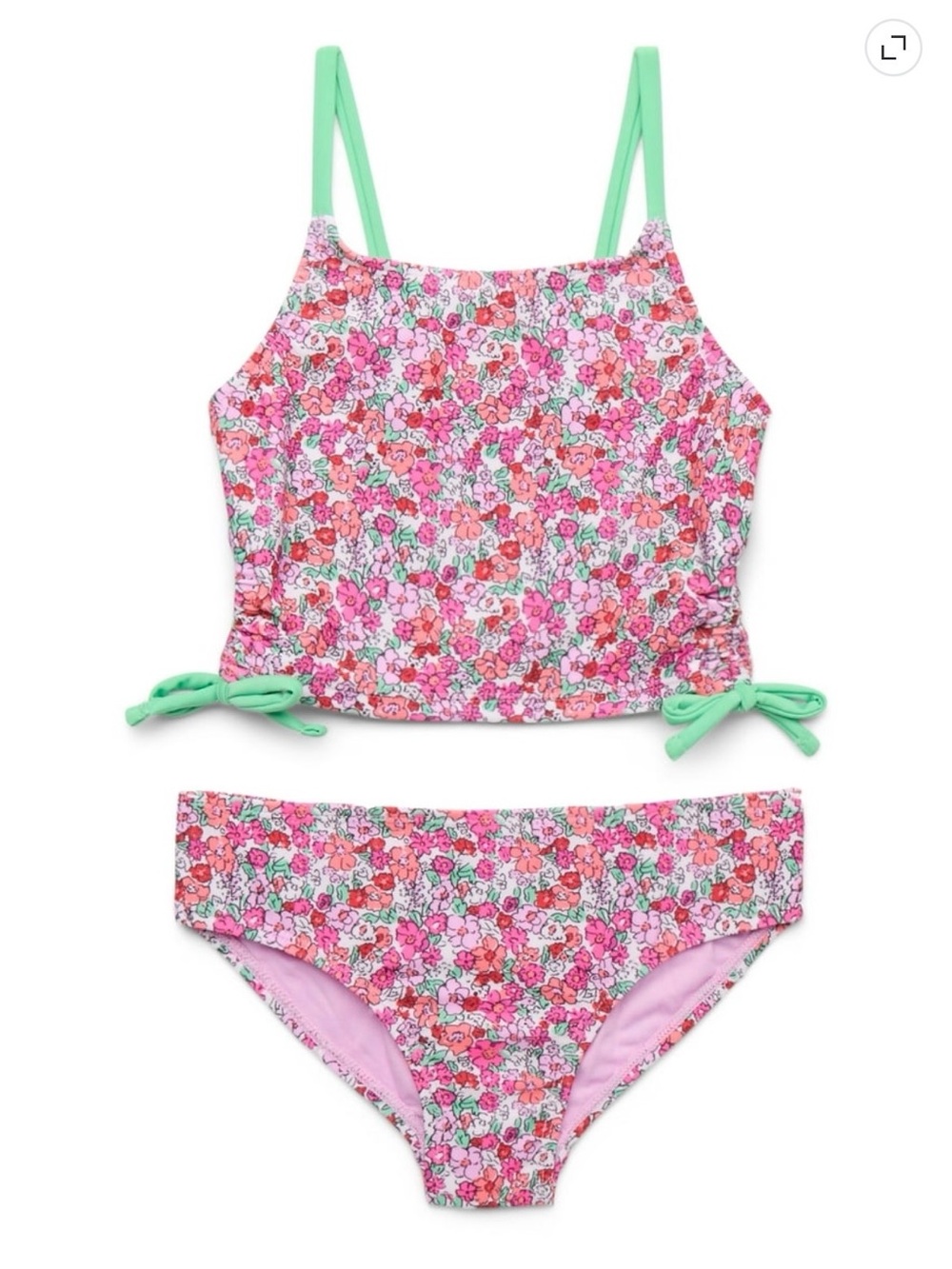 Girls Floral Pink Tankini Swim Set with Mint Straps